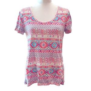 Fresh‎ Produce Luna Top Short Sleeve Scoop Neck High Low Pink Geo Print